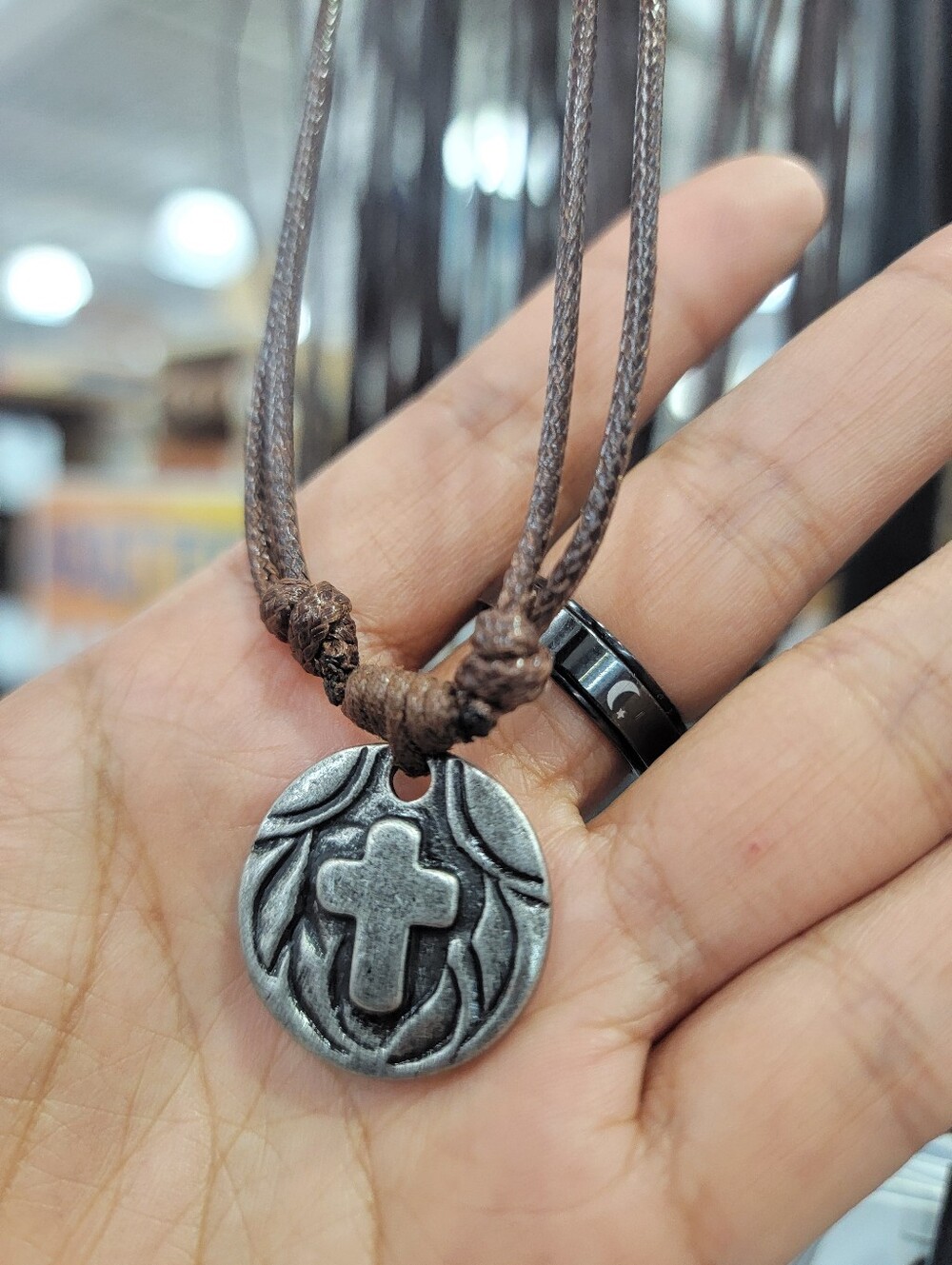 Men's Brown Cord Necklace with Silver Cross Pendant